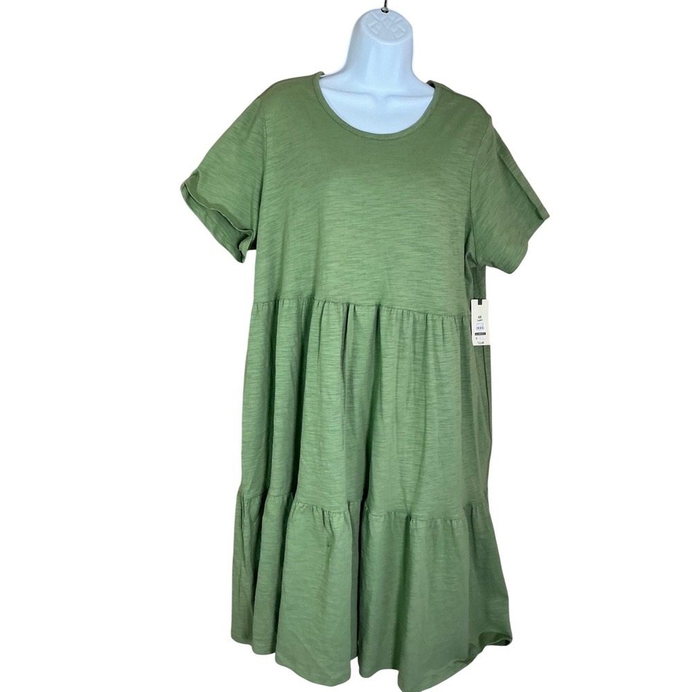 Terra & Sky Tiered Knit Dress Womens 0X 14W Green NEW Short Sleeve Crew Neck
